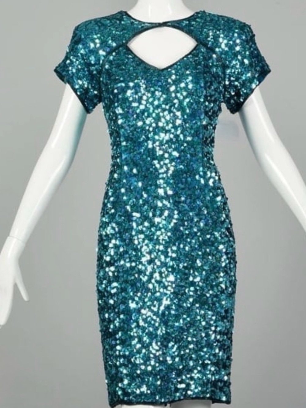 Blue Cocktail Party Dress Teal Sequin Short Sleeve Key Hole Bust VTG 80s Size 8